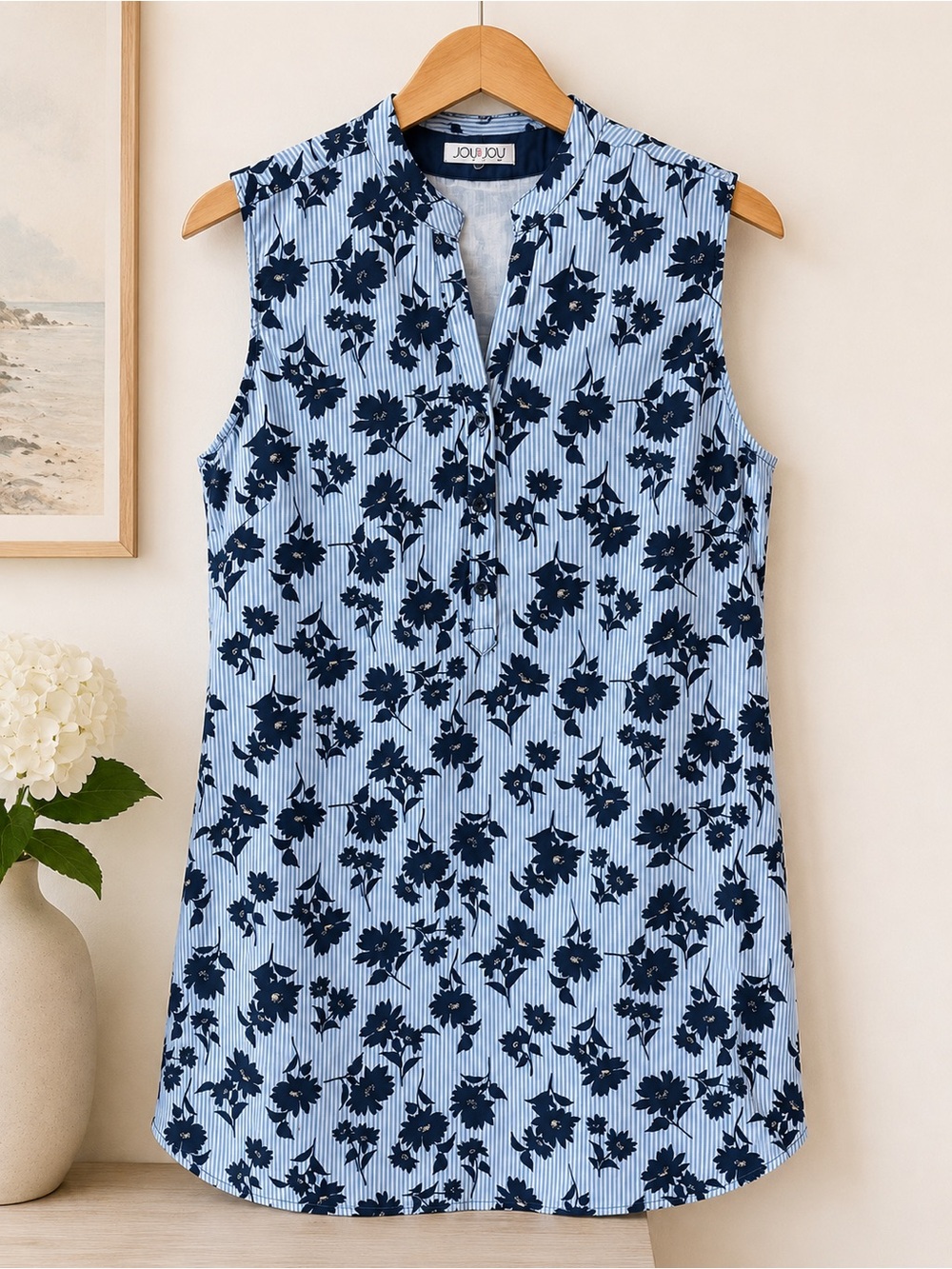 Joy Joy Light Blue and Navy Floral Sleeveless Tunic